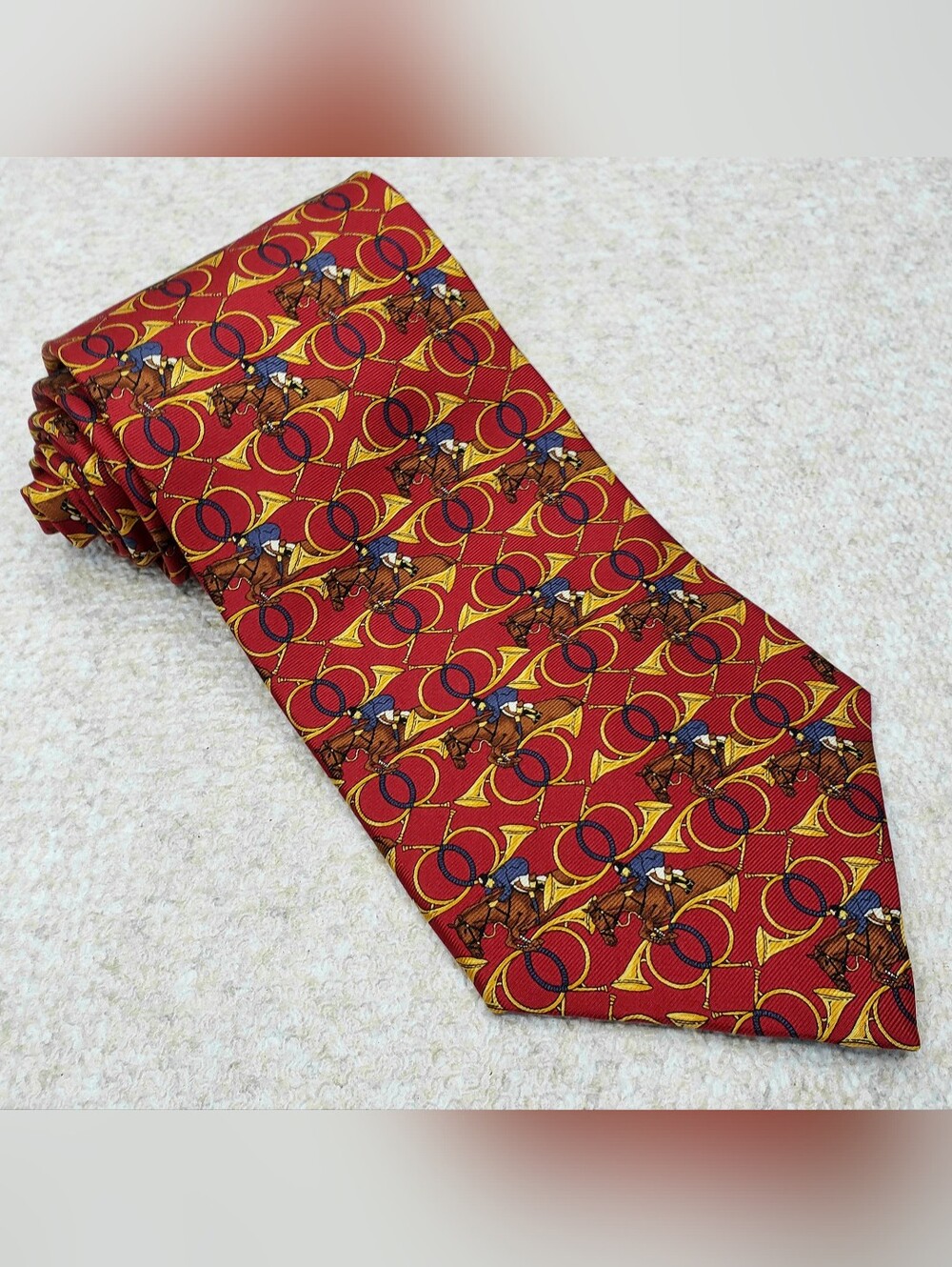 Paul Fredrick Silk Tie Red Gold Equestrian Horses Polo Jockey Hand Sewn 57" x 4"